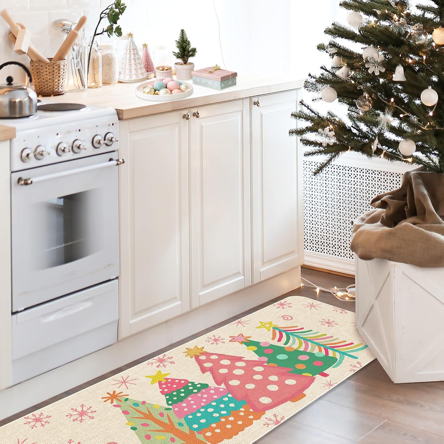 Christmas Kitchen Rugs Set of 2 Pink Green Christmas Tree Kitchen Mats Winter Floor Door Mat for Xmas Holiday Party Home Bathroom Decorations, 17 x 29 and 17 x 47 Inch