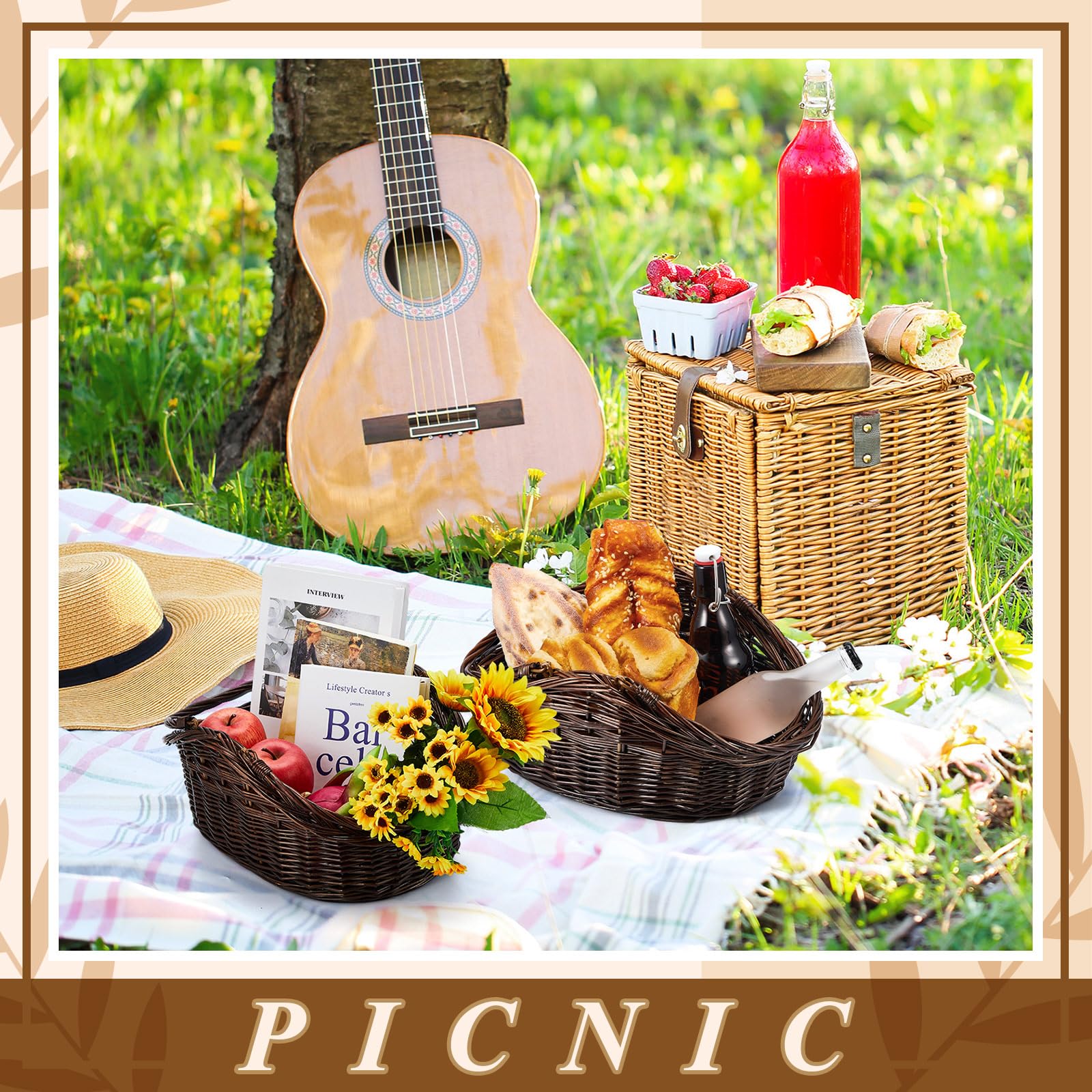 Juexica Weidenkorb mit Griff, 2 Größen, handgewebt, Erntekorb, antiker Sammelkorb für Ostern, Garten, Picknick, Blumen, Obst, Aufbewahrung, Organisation, Geschenk, Dunkelbraun, 2 Stück