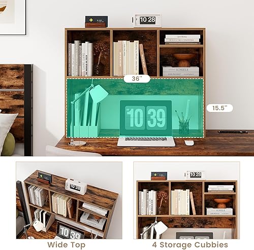 Miniatura 4 de LDAILY Estantería de escritorio, organizador de escritorio de oficina de 2 niveles con 4 estantes, estante de almacenamiento de madera de 37