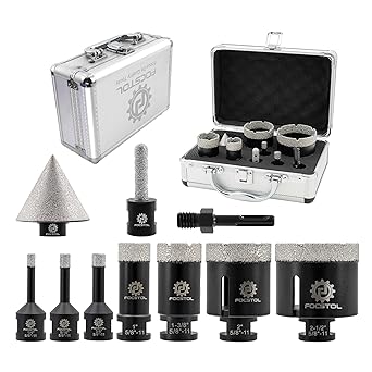 Diamond Core Drill Bit Set - FOCSTOL 10pcs (6/8/10/25/35/51/65mm+10mm Finger Bit+50mm Beveling Chamfer Bit+SDS Adapter) Diamond Hole Saw Kit for Porcelain Ceramic Tile Marble Granite