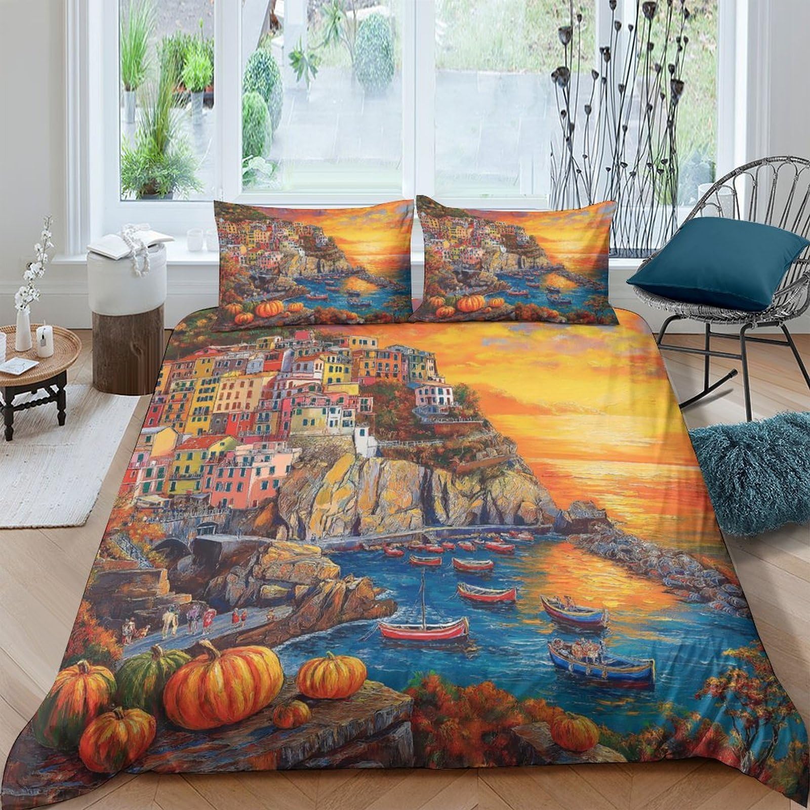 Ctjqhvkz Style-5 3D Printed Sunset Coast Fitted Sheet Microfiber Soft Breathable Village Landscape Bed Cover For Bedroom Guest Room Decor Single（135X200cm）