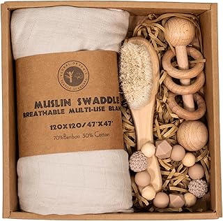 BoxLux Newborn Baby Gift Box with Bamboo Muslin Swaddle Blanket, Wood Rattle Toy and Wool Brush, Welcome Box for Baby Shower (Beige)