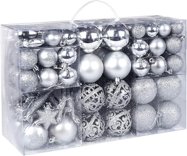 Mocraft Christmas baubles, set of 116, Christmas tree baubles, silver Christmas ornaments, set incl. Tree Top, Pine Cones, Star Decoration, Painted Ball Diameter 30/40/60 mm