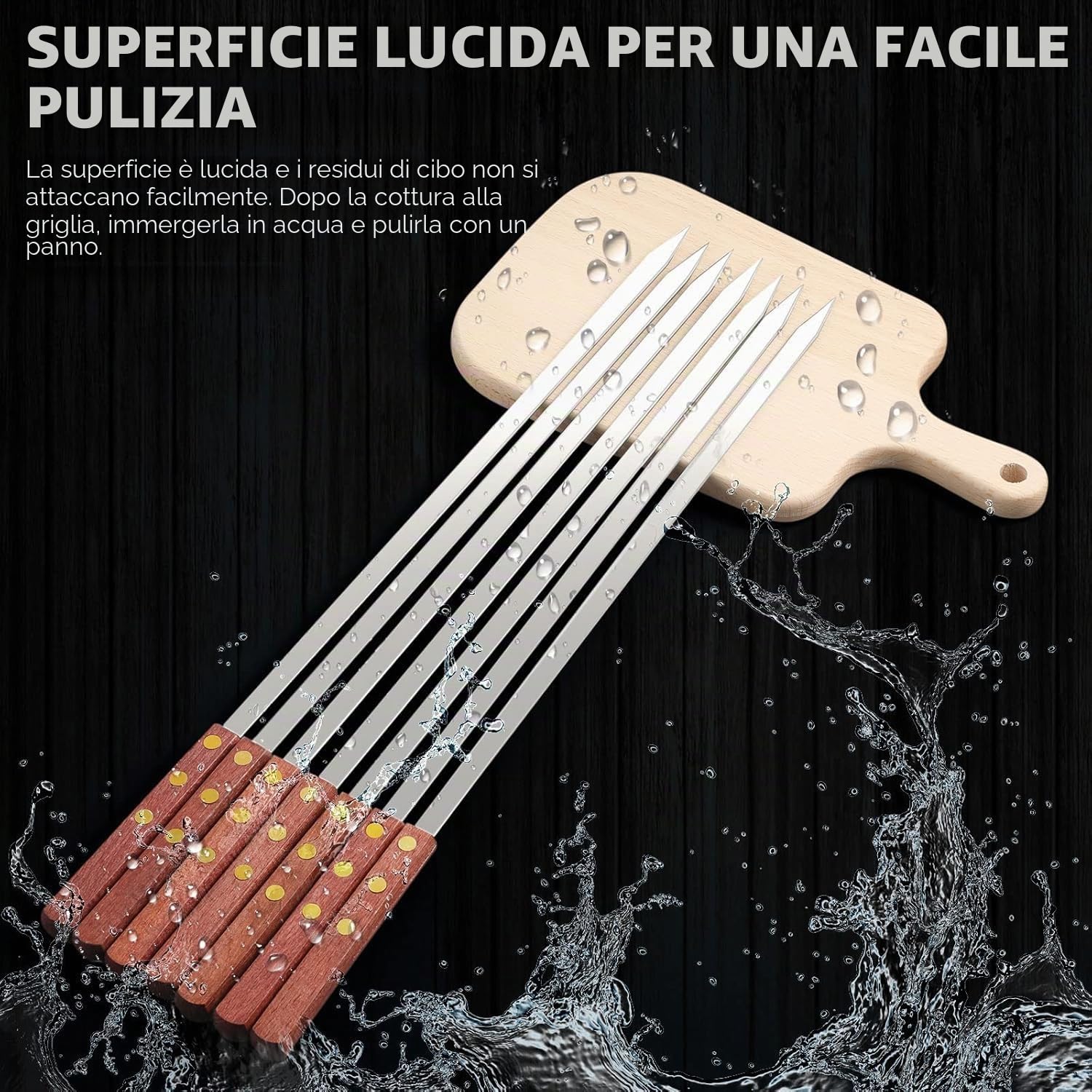 8 Pezzi Spiedini Piatti in Acciaio Inox, Spiedini Riutilizzabili da 60 cm, Spiedini Extra-lunghi con Manici in Legno, Posate per Barbecue, Spiedini per Verdure Accessori per Barbecue