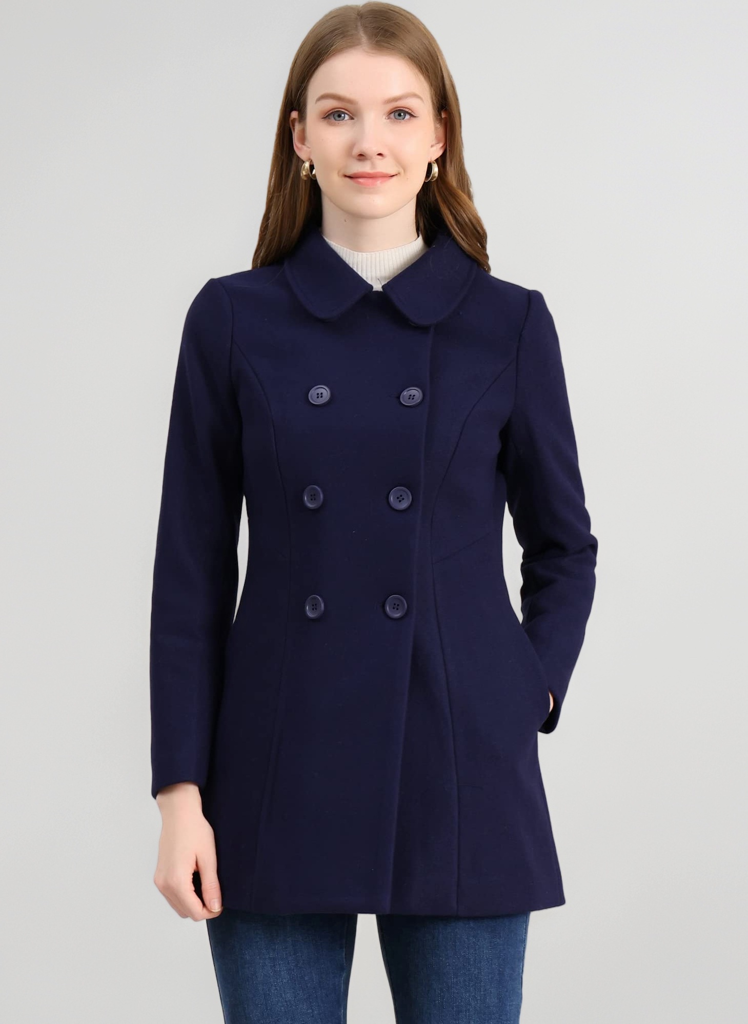 Women's Peter Pan Collar Double Breasted Winter Long Trench Pea Coat