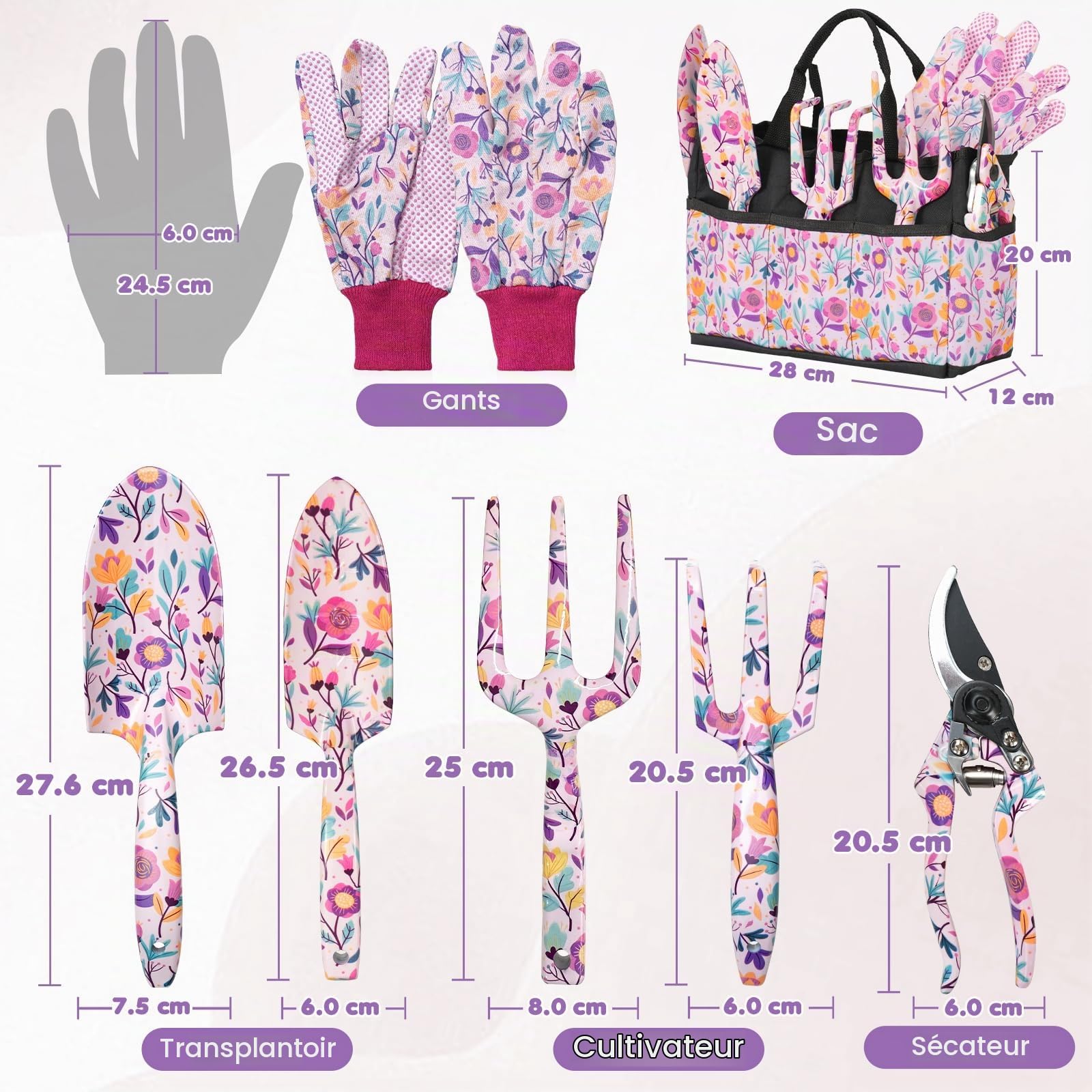 Velway Ensemble d’Outils de Jardinage 7 Pièces – Outils de Jardin à Motif Floral en Métal avec Gants, Sac de Rangement & Coffret pour Femmes, Fête des Mères, Noël, Anniversaire