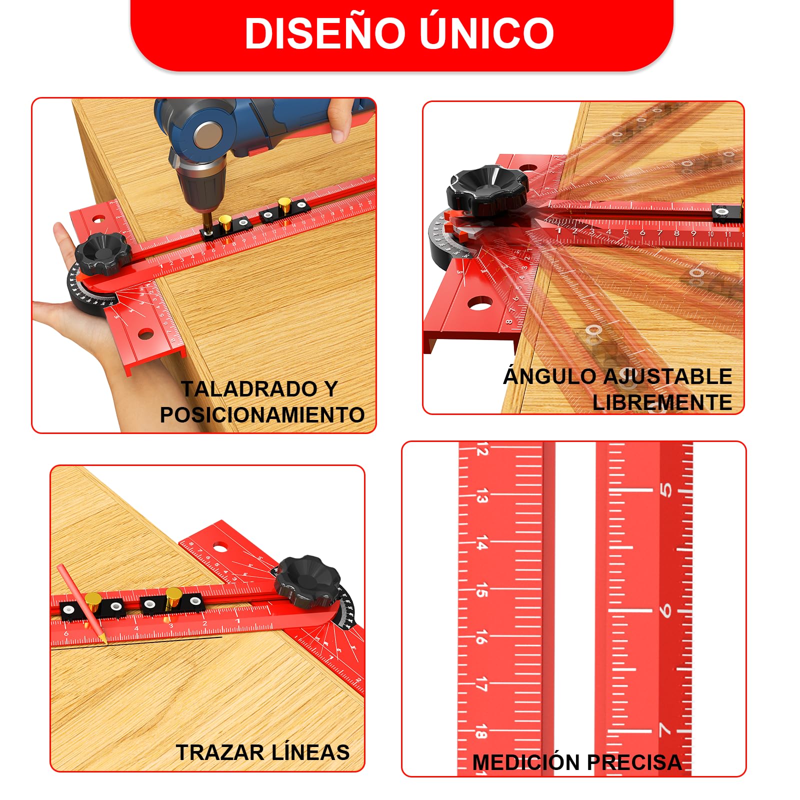 Escuadra en T de Carpintería de 74cm Herramienta de Medición con Ángulo Ajustable 15-165°, Cuerpo de Aleación de Aluminio, Guía de Taladro de Precisión para Carpintería, Dibujo Técnico