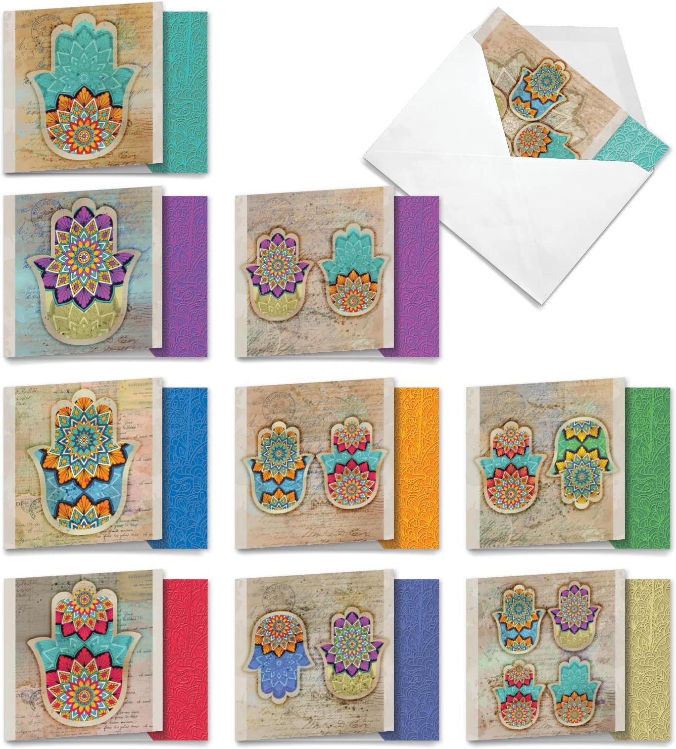 The Best Card Company - 10 Blank Note Cards Assortment for Men and Women (4 x 5.12 Inch) - Zen Patterns and Symbols, Bulk Boxed Set - Hamsa MQ5204OCB-B1x10