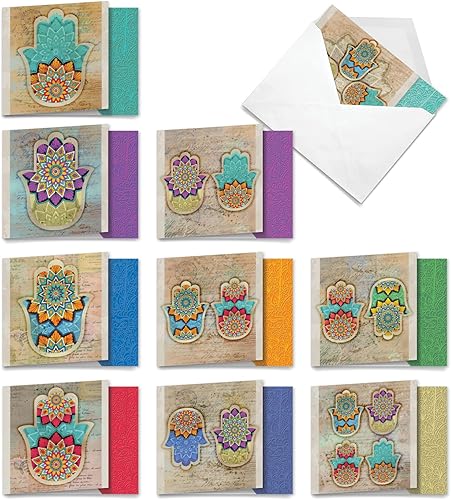 The Best Card Company - Surtido de 10 tarjetas de notas en blanco (4 x 5.12 pulgadas) - Patrones y símbolos zen, juego en caja a granel - Hamsa