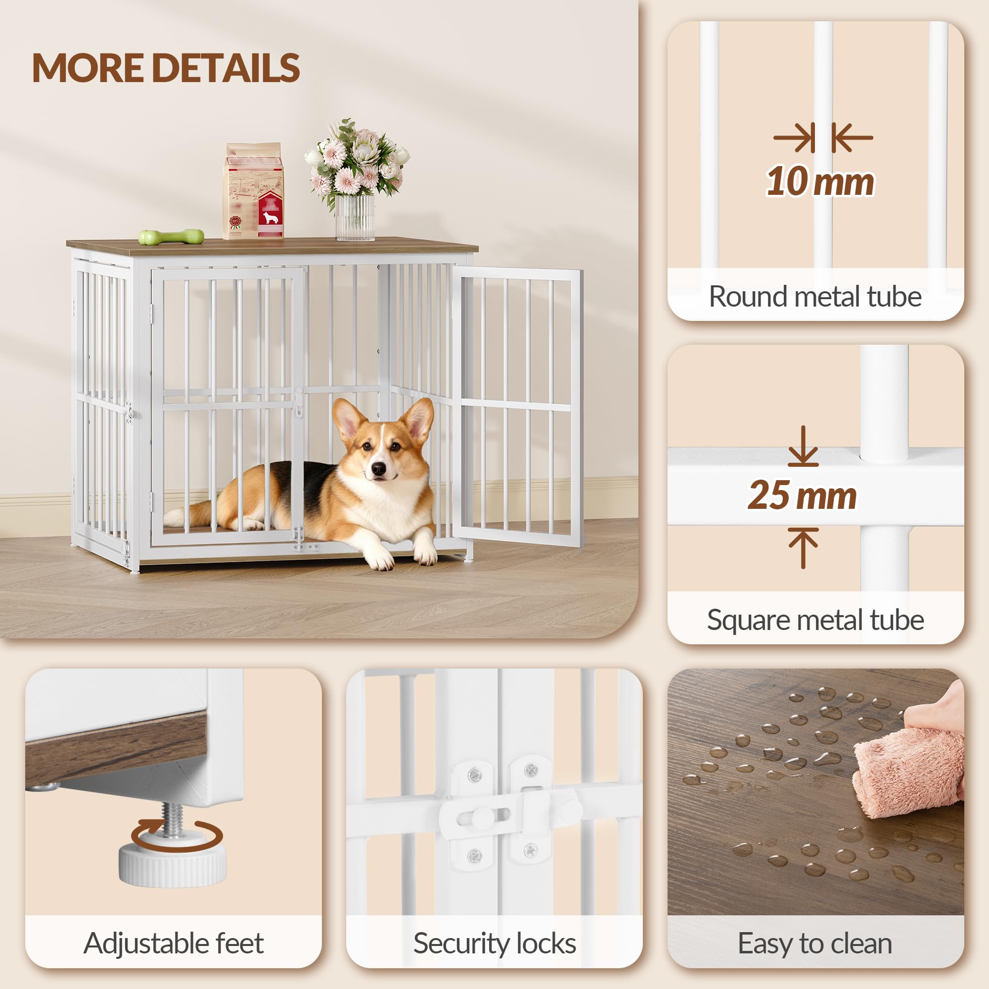 Hundekäfig Möbel, 80cm Hundebox für Zuhause mit 3 Türen, Hundebox Holz Indoor, Beistelltisch, Hundekäfig Hochbelastbar, für Kleine und Mittelgroße Hunde, 80x60x70cm, Vintagebraun & Weiß