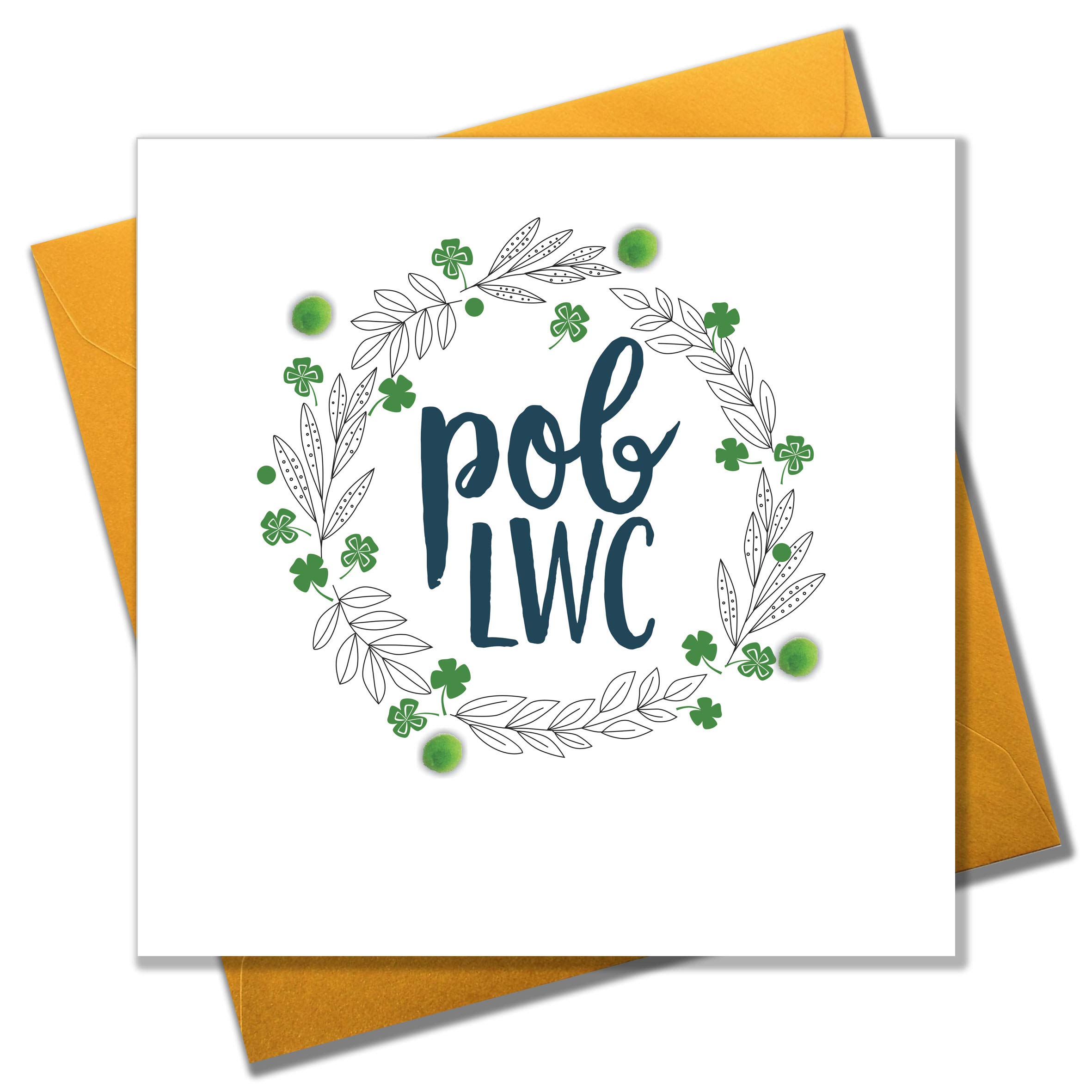 Claire Giles Greeting Cards, Welsh Good Luck Card, 4 Leaf Clover Design Greeting Card, Embellished with Colourful Pompoms