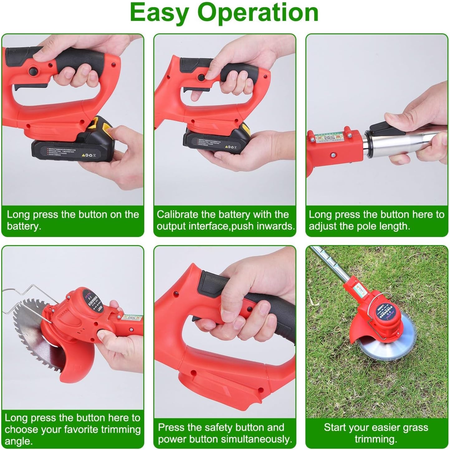 Electric Cordless Grass Trimmer Rechargeable Lawn Mower Weed Cutter with Alloy Saw Blade 2 Alloy Blades 5 Plastic Blades 2 Rechargeable Batteries Goggles Gloves Auxiliary Handle