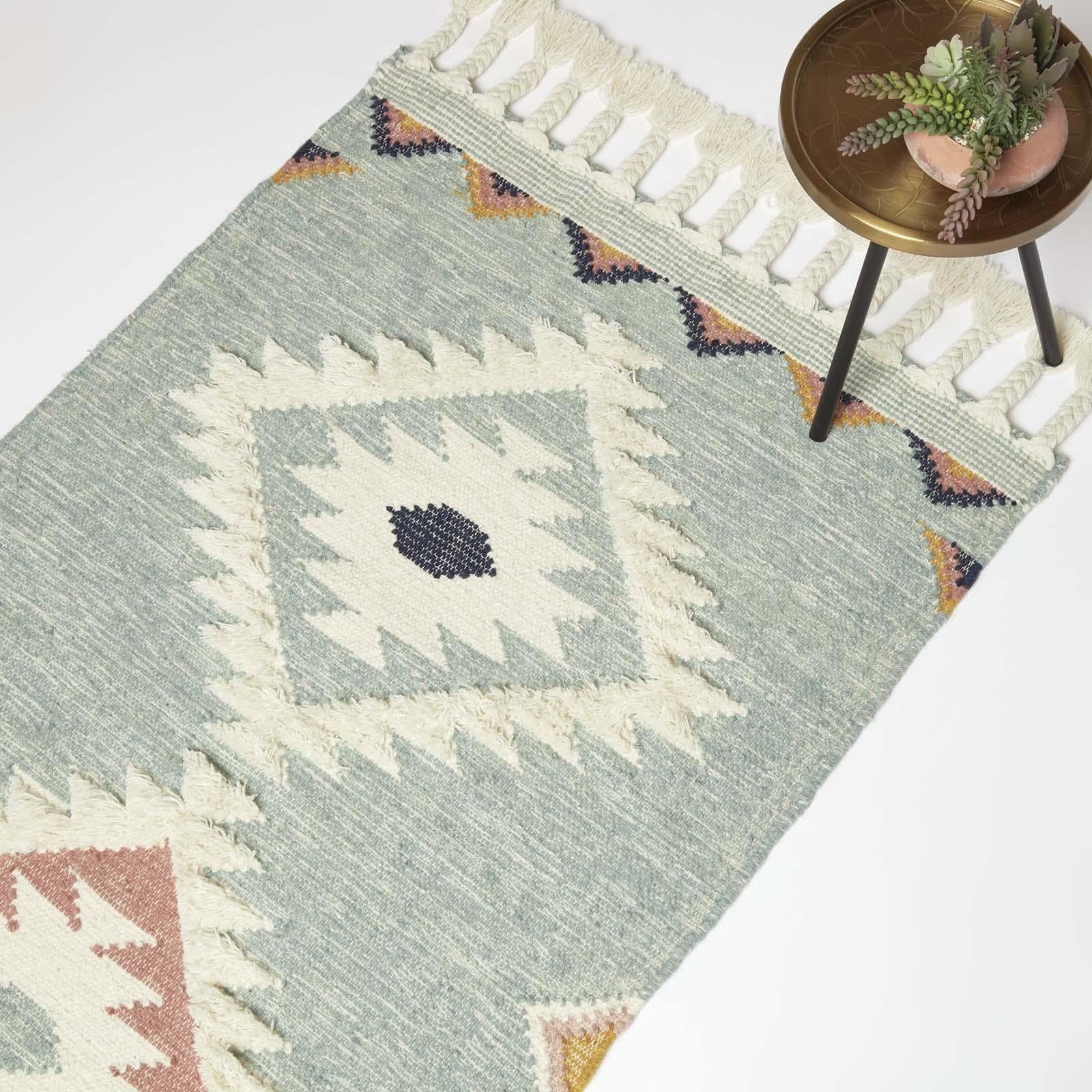 HOMESCAPES Tapis Kilim en Laine Tenali, Tapis Rectangulaire 160x230 cm, Bleu Artisanal