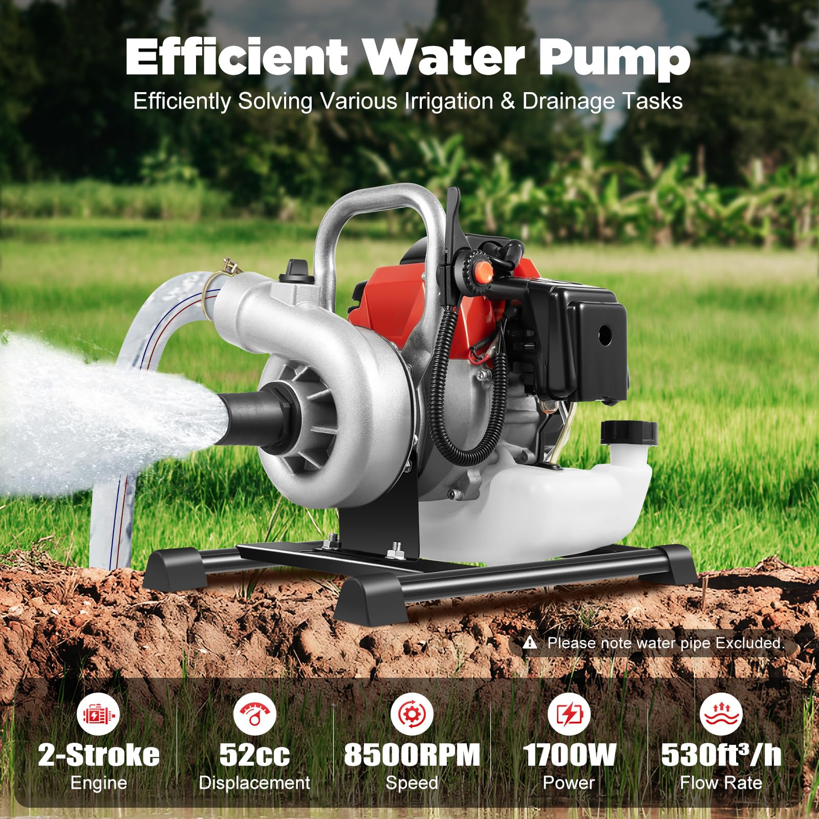 Gas Water Pump 1.5 Inch 2 Stroke, 52cc Gas Powered High Pressure Pump 131ft Lift And 19.7ft Suction 1.7kw, Trash Water Pump Irrigation Pump For Farmland Garden