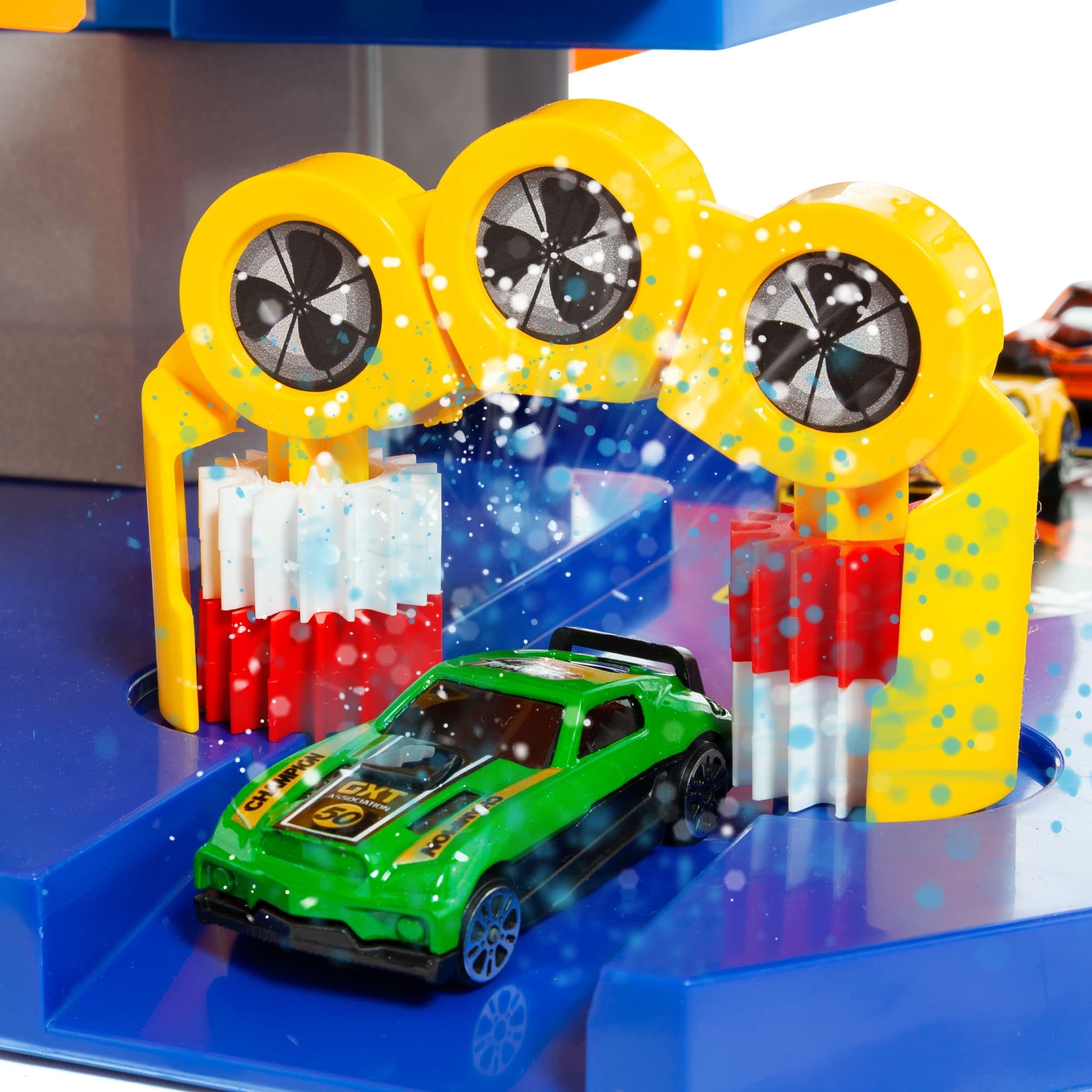 MOLTO Spielzeugparkplatz, 6 Pflanzen, blau, Kindergarage mit Rampen, Aufzug und 10 Autos – Fantasie- und Motorik-Spiel für Kinder ab 3 Jahren