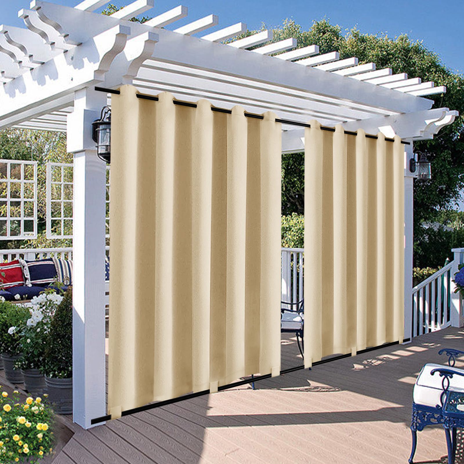 Qelus Outdoor Curtains Waterproof 2 Panels Pack, Gazebo Pergola Curtains W71''xH84'', Windproof Thermal Insulated Outdoor Curtain Drapes Anti-snag for Garden Patio Eyelets Top Rod Pocket Bottom,Beige