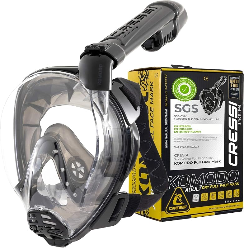 Mască de snorkeling full-face Cressi Komondo cu vizibilitate panoramică la 180 de grade, sigură împotriva CO2, anti-aburire, mărimea M/L, negru/negru