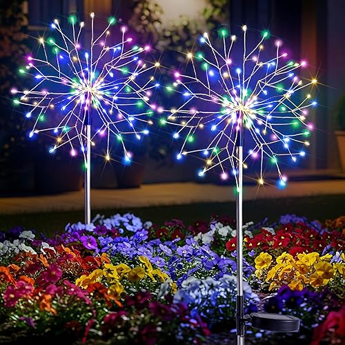 suddus Luces solares de jardín para exteriores, impermeables, decorativas, paquete de 2 unidades, 150 luces LED de fuegos artificiales, 8 modos, luz