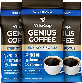 VitaCup Genius Ground Keto Coffee w/Turmeric, MCT Oil, B Vitamins, D3, Ground Coffee Medium Dark Roast, Bold & Smooth, 100% Arabica Coffee Grounds, 3 bags, 11oz each