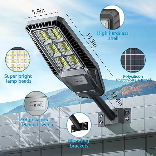 Miniatura 5 de Farolas solares de 300 W, 2 paquetes de luces LED solares para exteriores, IP66, impermeable, 30000 lúmenes, 6500 K, luz de calle al aire libre, luz