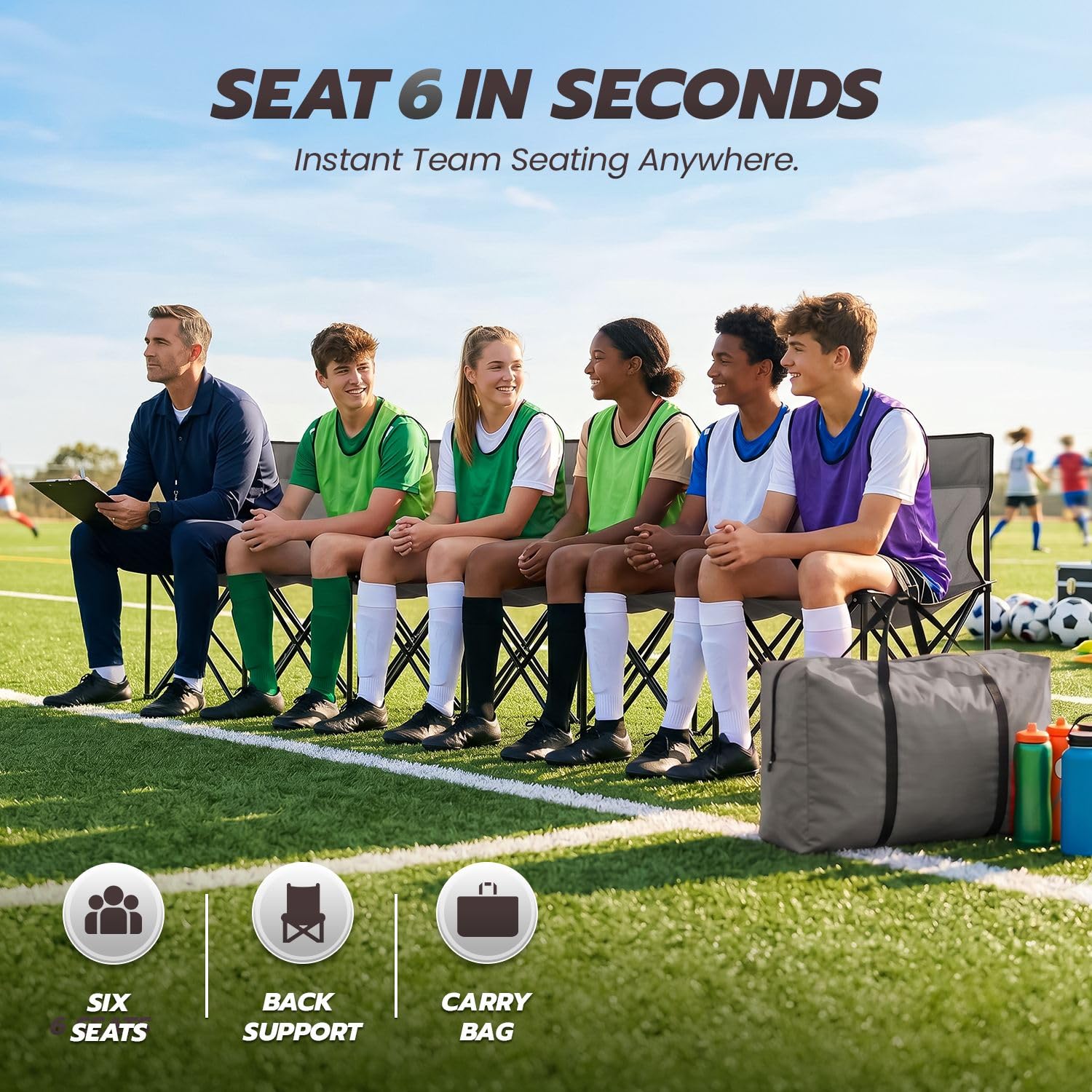 Flexzion Panca pieghevole portatile, 6 posti, panca da calcio pieghevole, panca portatile per Bleacher, campeggio, con schienale e borsa per il trasporto, grigio