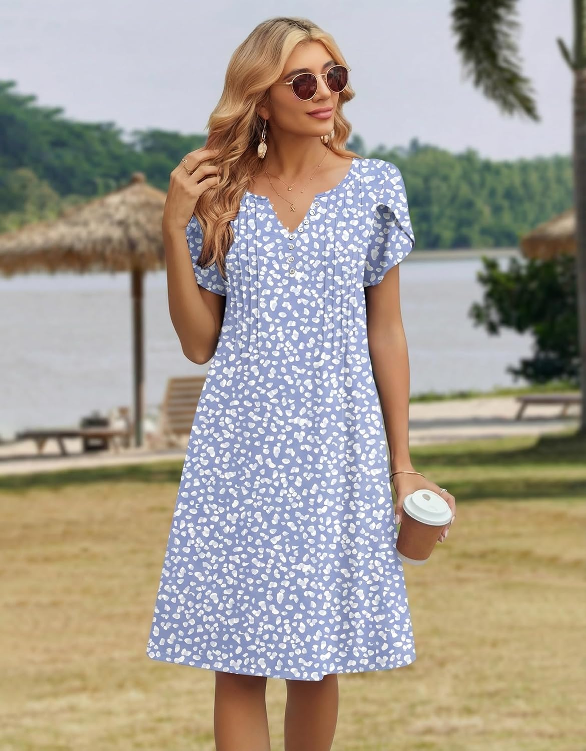 Zeagoo Women's Casual Dresses with Pockets Summer Floral V-Neck A-Line Tshirt Dress Short Sleeve Mini Dress Beach Sundress
