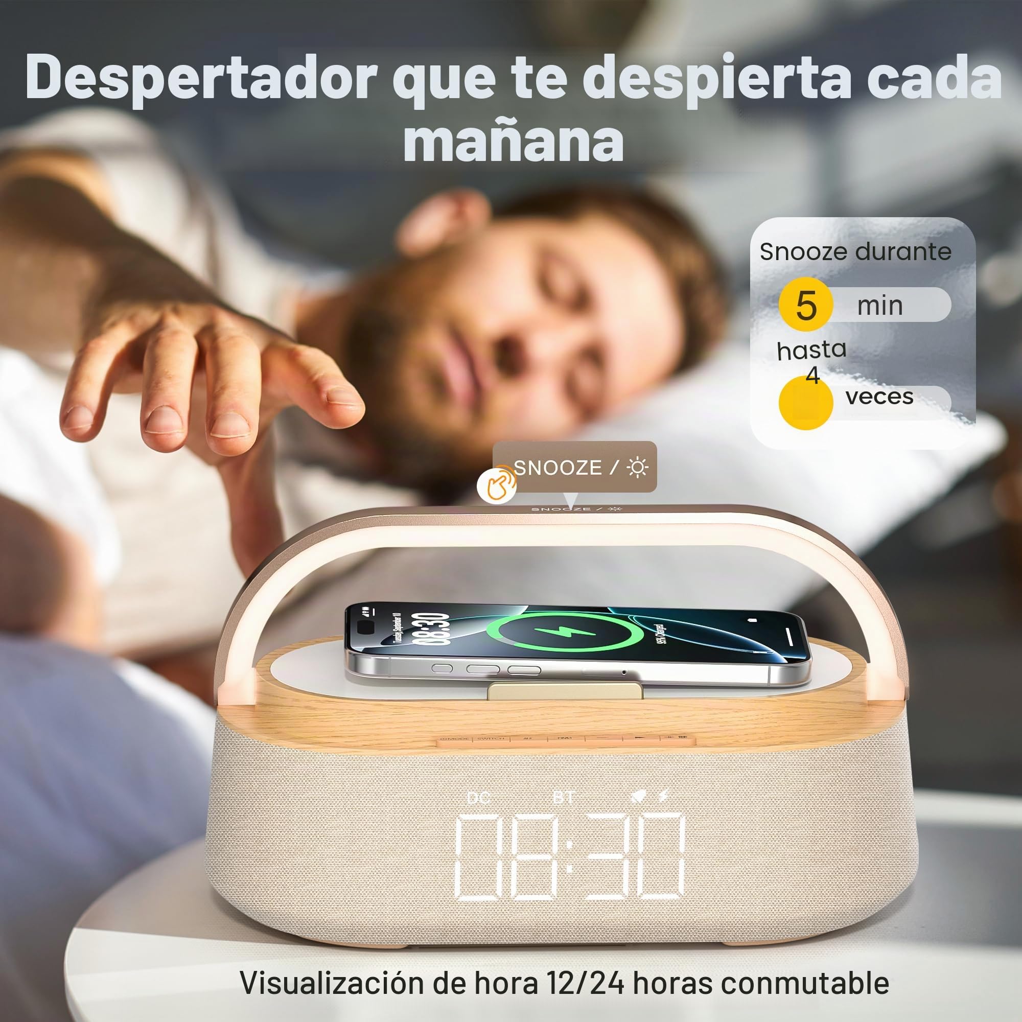 COLSUR Radio Despertador Digital con Carga Inalambrica, FM Radio con Puerto de carca USB, Pantalla LED Ajustable, Luz Nocturna, Bluetooth, Alarma de Temporizador de Apagado y Soporte para Teléfono