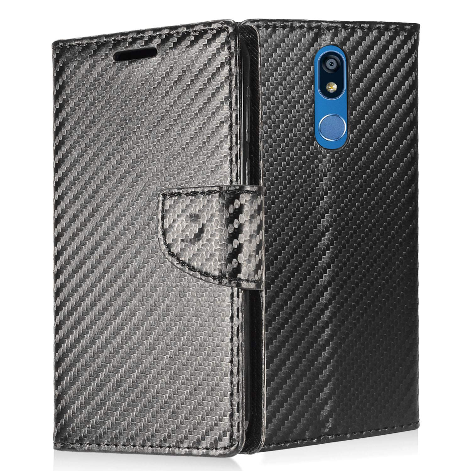 Eaglecell - Compatible for LG Journey LTE L322DL, Neon Plus, Prime 2, Arena 2, Aristo 4+ Plus, Tribute Royal, Escape Plus, K30 (2019) LM-X320 - PU Leather Flip Wallet Phone Case - CT5 Carbon/Black