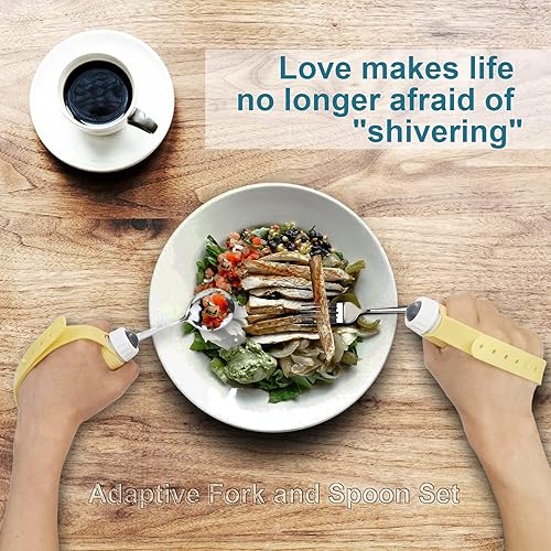 Miniatura 2 de Juego de cucharas y tenedores adaptativos con peso, asas antideslizantes y correa de goma, para temblores de manos y debilidad muscular, artritis,