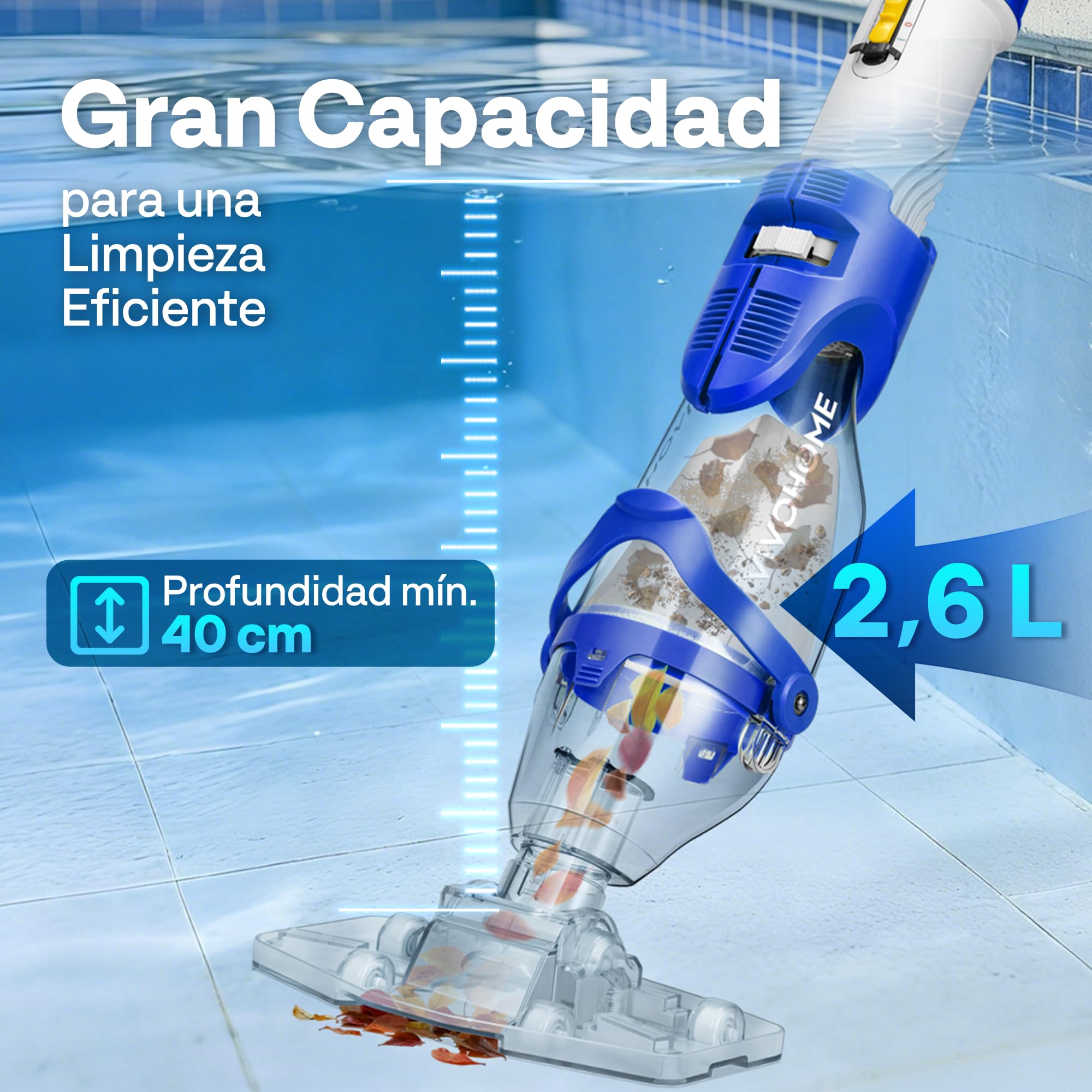 VIVOHOME 72LPM Limpiador Portátil para Piscina con Pértigas Telescópicas Aspirador de Piscina Autónomo de 75 Minutos Ideal para Piscinas Elevadas y Enterradas, Spas y Jacuzzis