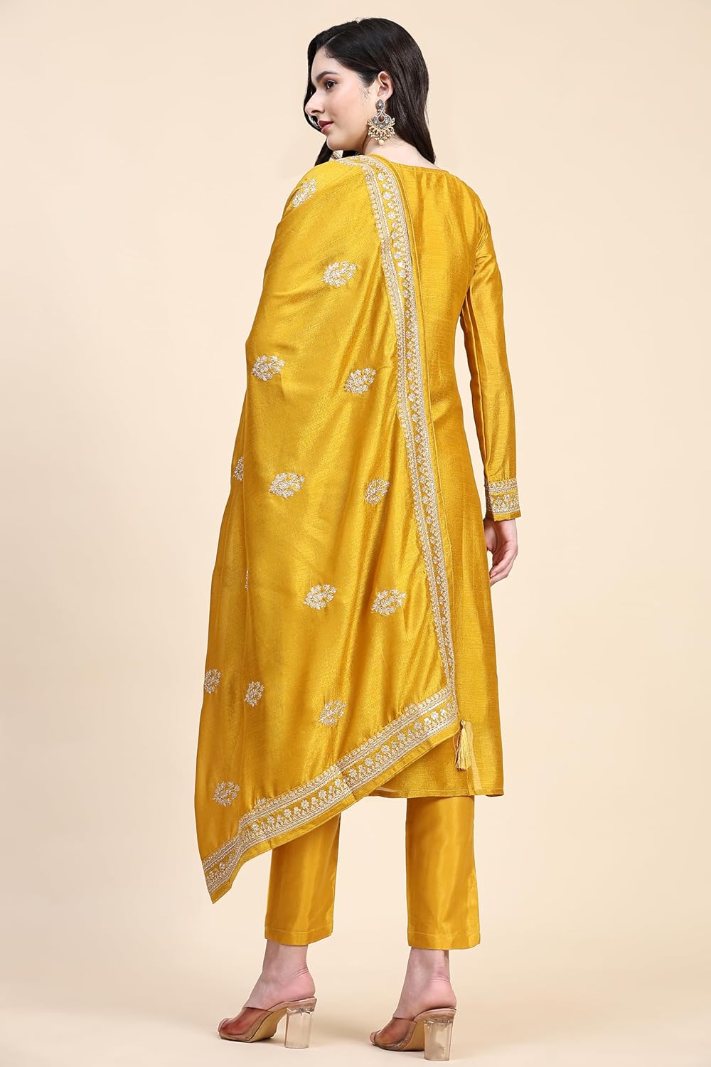 TRENDMALLS Women's Vichitra Silk Embroidery Salwar Suit Set Kurta Pant with Dupatta Yellow