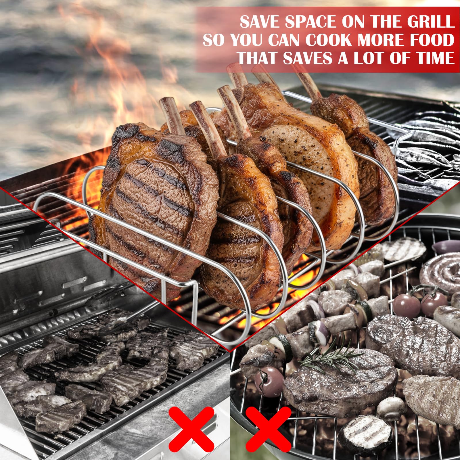 Supporto Bistecche e Costine in Acciaio Inox, Cestello per BBQ Rib Rack, Supporto per Arrosto Bistecca, Spareribs Halter Grill, Telaio Griglia Barbecue 2 in 1 con 2 Penne