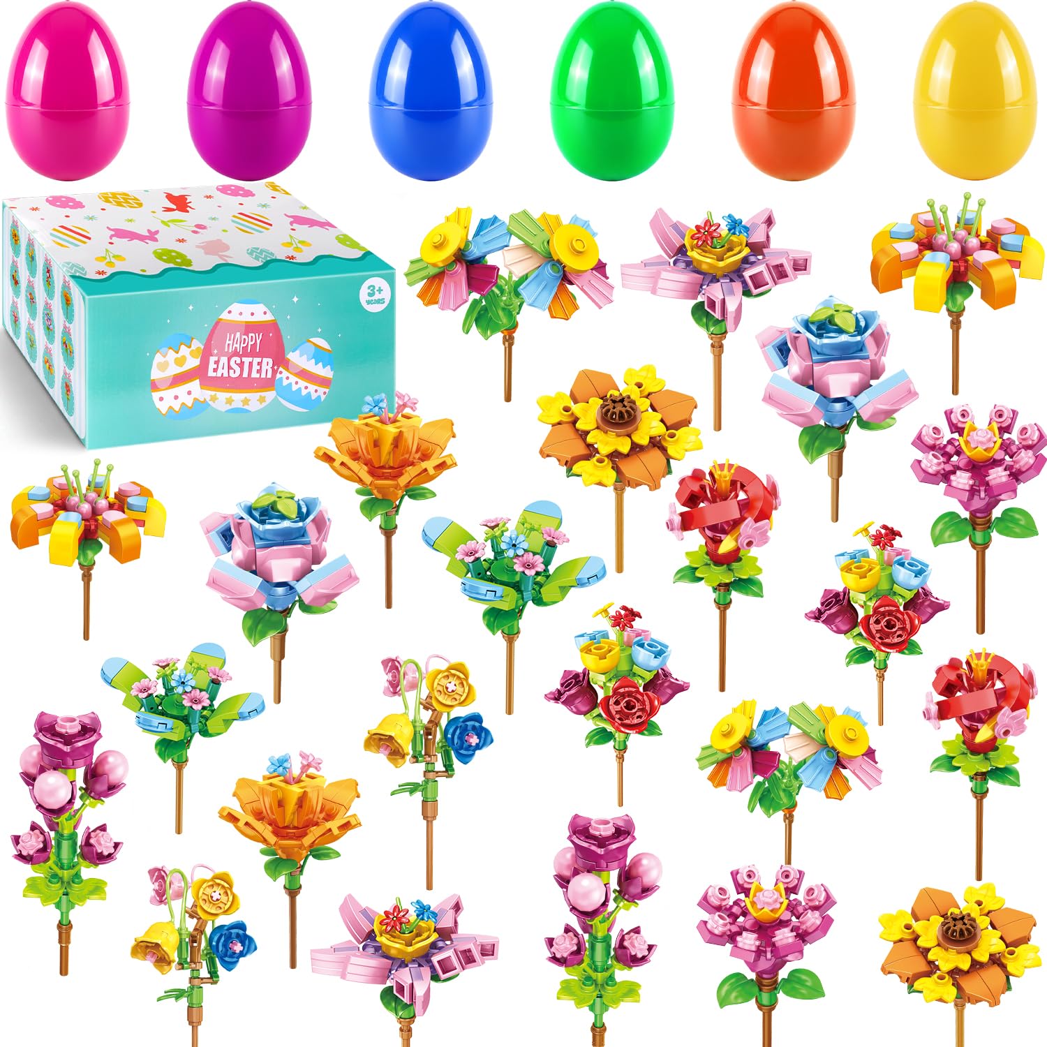 24 PCS Easter Eggs Filled with Flower Building Blocks, Easter Basket Stuffers Fillers for Kids, Classroom Prizes, Easter Party Favors Gifts for Boys and Girls (Easter Flower)