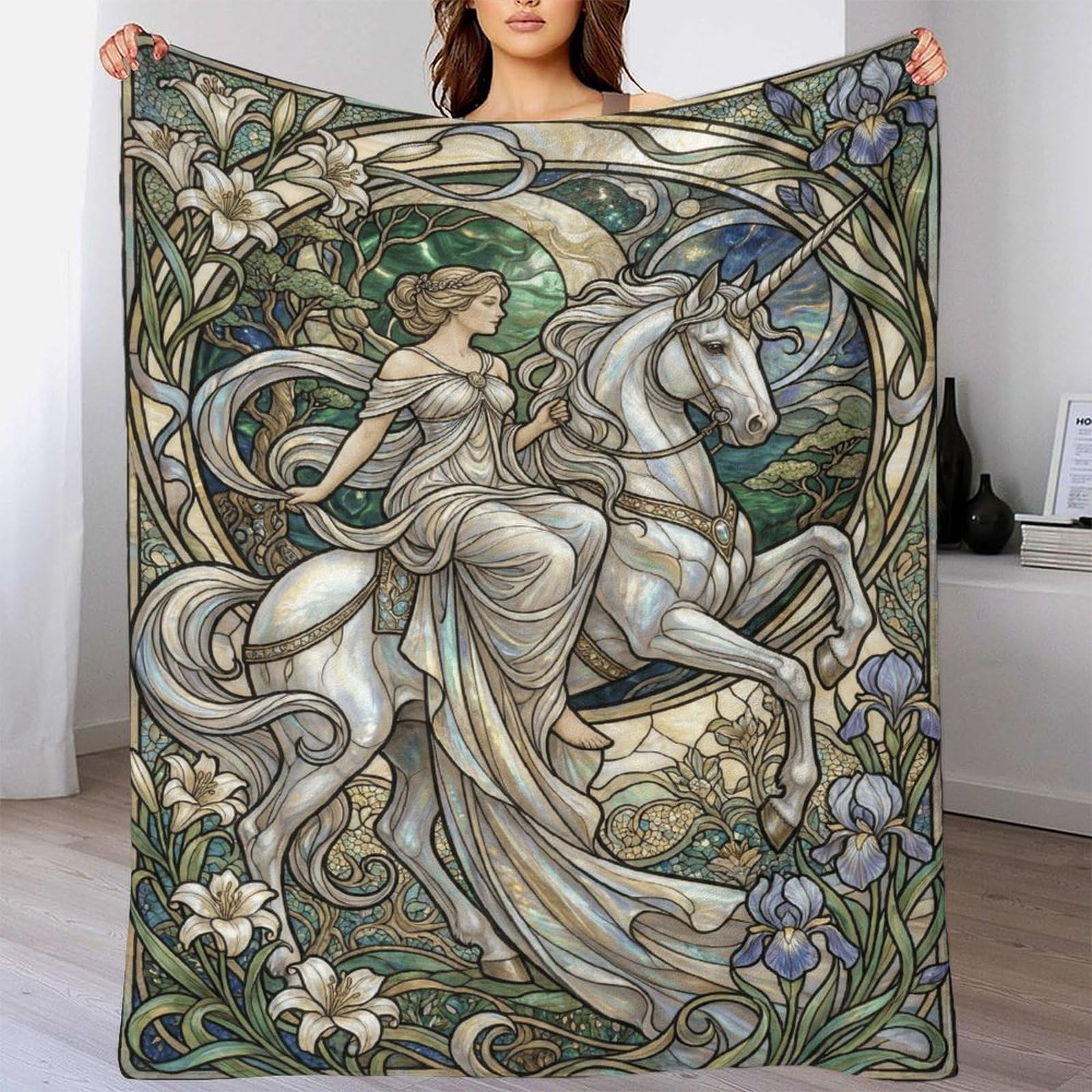 W7C8U2X3 Art Nouveau Mucha Unicorn Soft Throw Blanket, Camping Car Travel