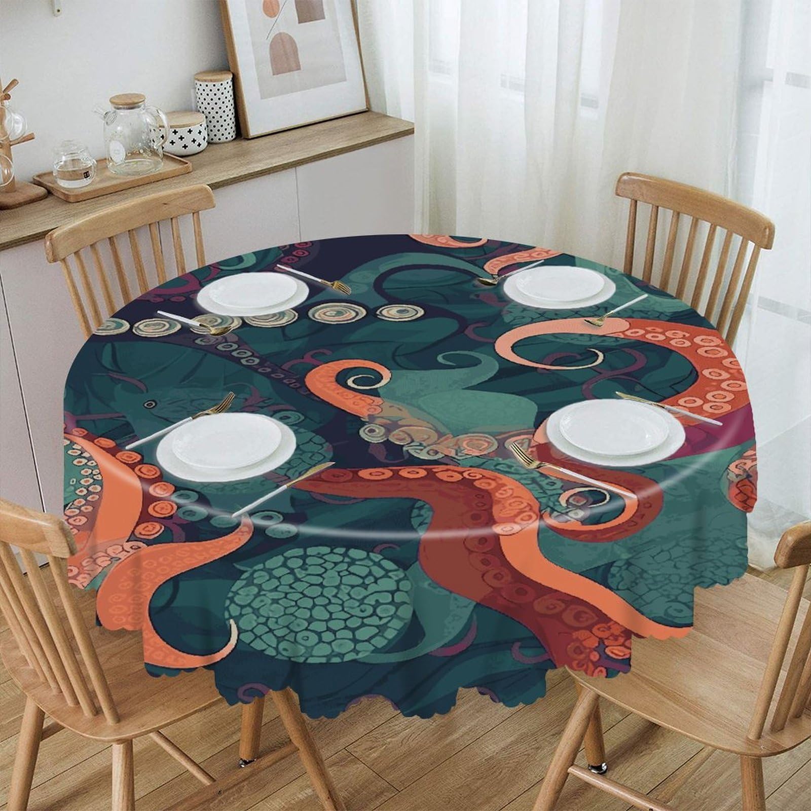 VstaDank - Abstract Octopus Round Tablecloth 60 Inch Easy Clean Round Thick Decorative Polyester Tablecloth for Dining Kitchen Party Farmhouse Outdoor