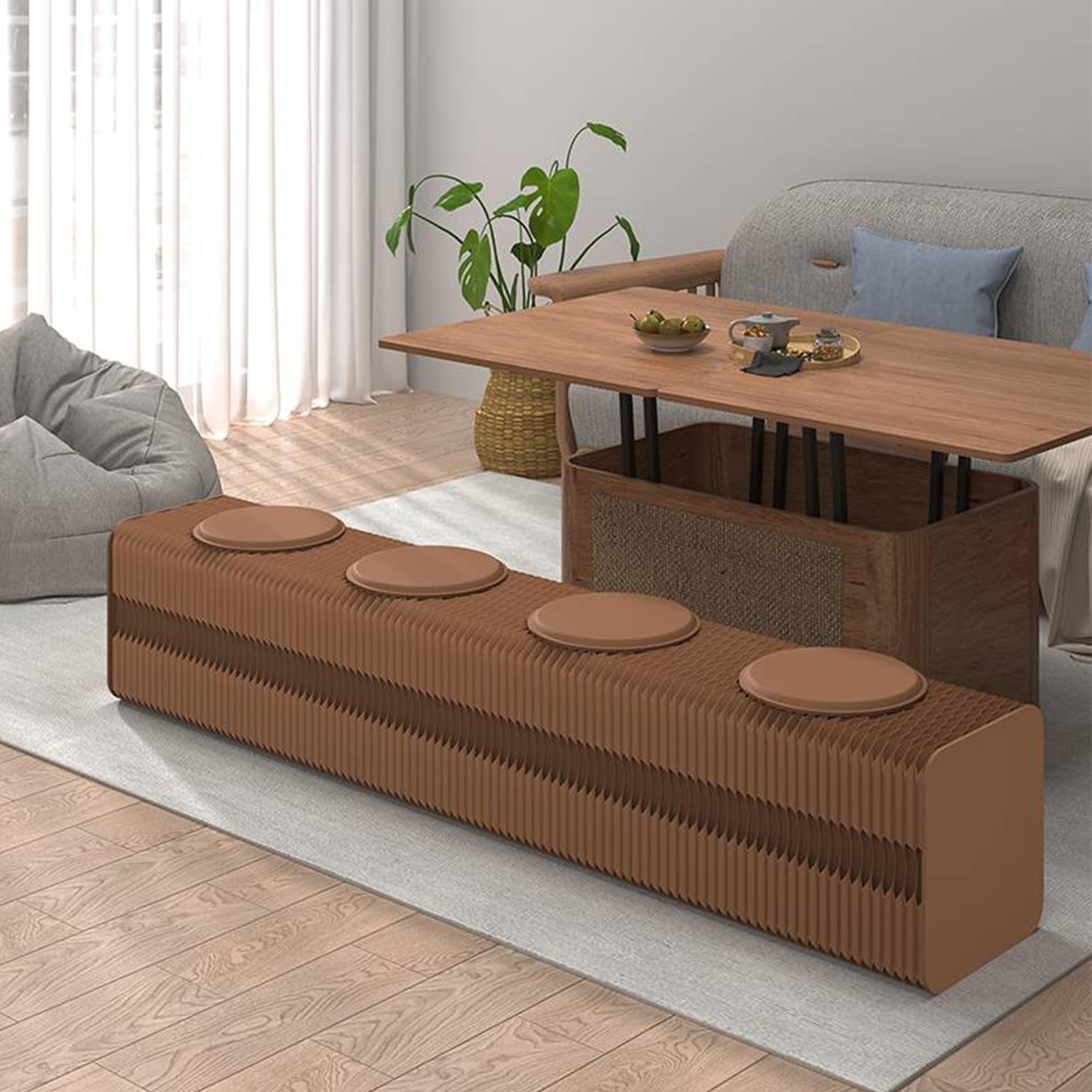 Rectangle Ottoman - Accrodion Kraft Paper Bench for Living Room &amp; Entryway, Collapsible Stool with Pads, Portable Folding Stool &amp; Square Ottoman Home Decor, Space-Saving Footrest (Brown, 4 Seats)