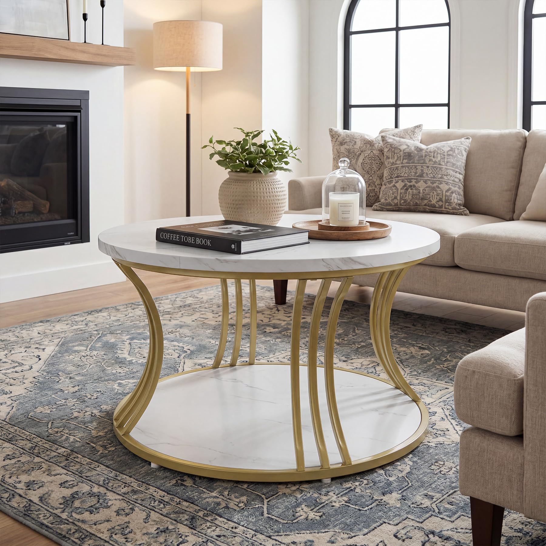 Tribesigns Modern Round Coffee Table, 2 Tier Coffee Table with Faux White Marble and Golden Metal Legs, Circle Center Table Tea Table Accent Furniture for Living Room, White and Gold