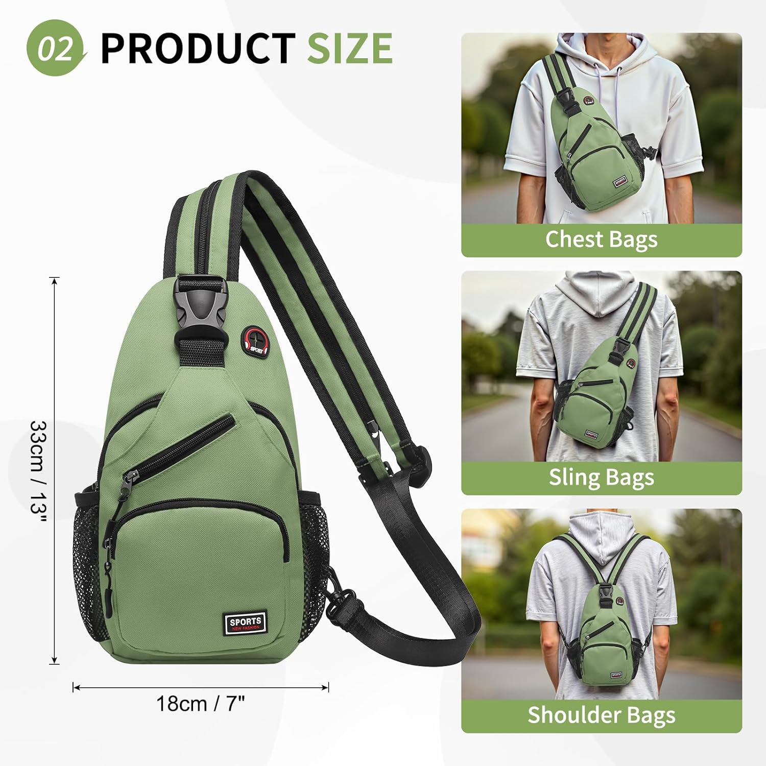 Convertible Sling Bag Crossbody Backpack, 7.9" Tablet Bags with Headphone Jack Shoulder Bag Casual Pack for Women Men Hiking Travel (Green) - Image 3