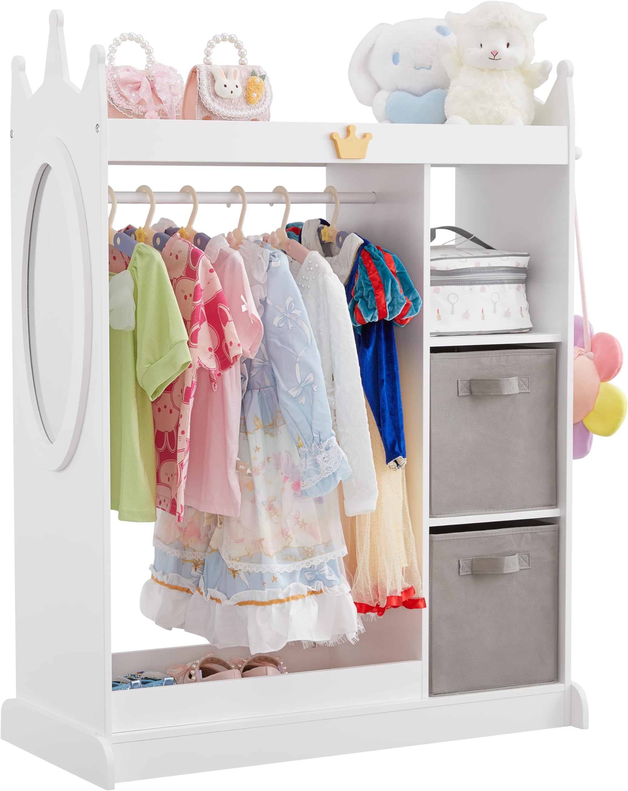 GTOLV Kids Dress up Storage with Mirror, 2 Storage Bins & Cloth Hanger, Kids Play Armoire Dresser Pretend Storage Closet for Bedroom, Kids Room, Playroom (White)