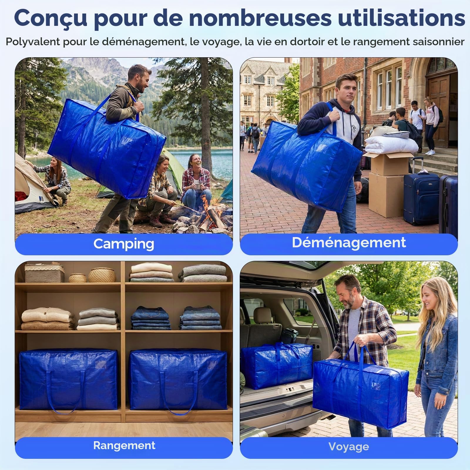 NOCOEX Très Grands Sacs de Déménagement - Lot de 2 Sacs Déménagement Imperméable 200L avec Fermetures éclair et Poignées Renforcées - Sac Rangement Pliable pour Dortoirs Vêtements Couette (Bleu)