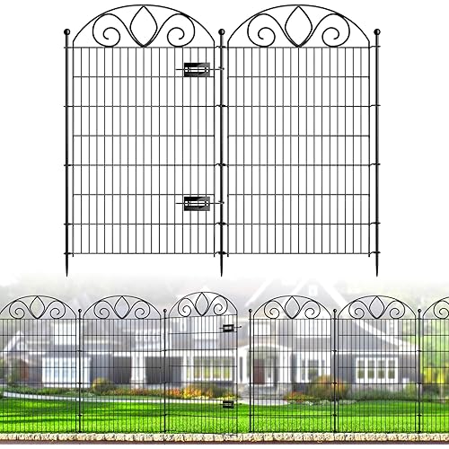 8 Panels No Dig Tall Garden Fence with Gate – 48" H X 21' L Rustproof Metal Dog Fence Outdoor for Yard, Decorative Animal Barrier Fence for Pet, Garden Border, Patio, Flower | Temporary Fencing