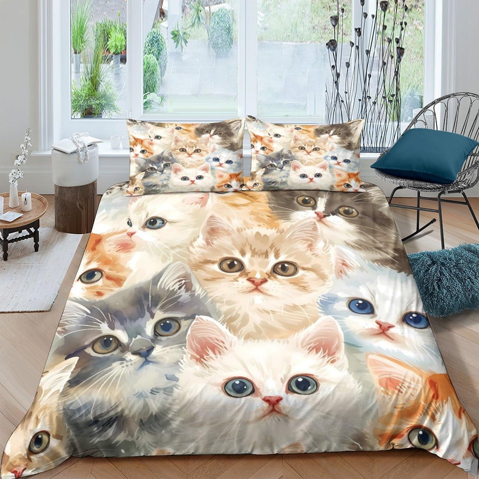 GPLZQXKJNH 3D Printed Cute Cat Duvet Cover Microfiber Soft Breathable Kitten Bedding Set with 2 Pillowcases for Bedroom Decor Single（135x200cm）