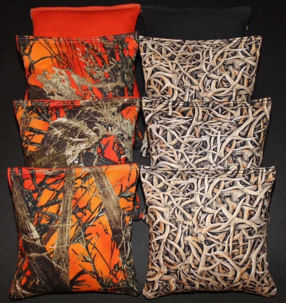 BackYardGamesUSA Cornhole Bean Bags All Weather Resin Orange Camo Deer Antlers Real Tree Hunting