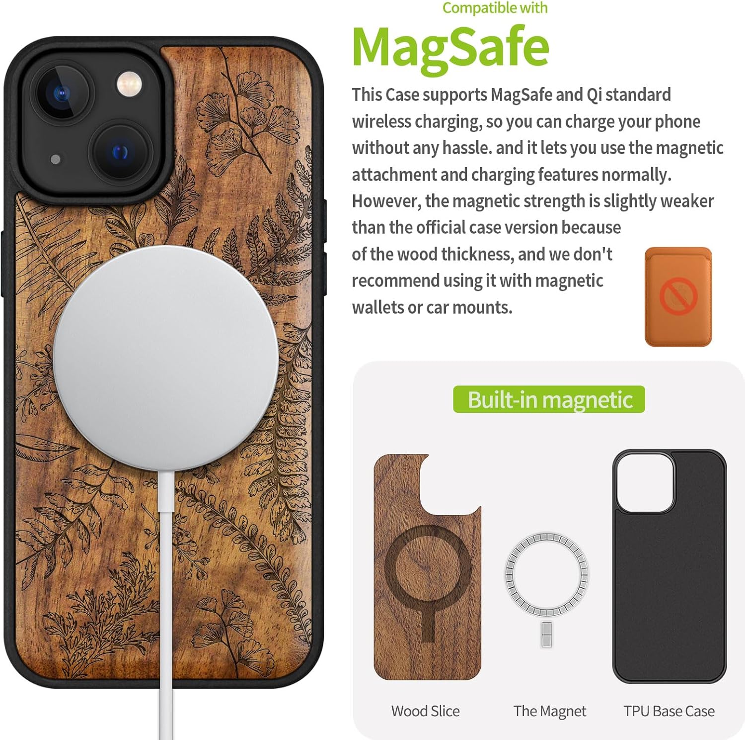 Carveit Magnetic Wooden Case for iPhone 15 Case, Compatible with MagSafe Wireless Chargers, Black Soft TPU Shockproof Cover & Wood Artisan Engraved (Fern Leaves & Herbs) - Walnut