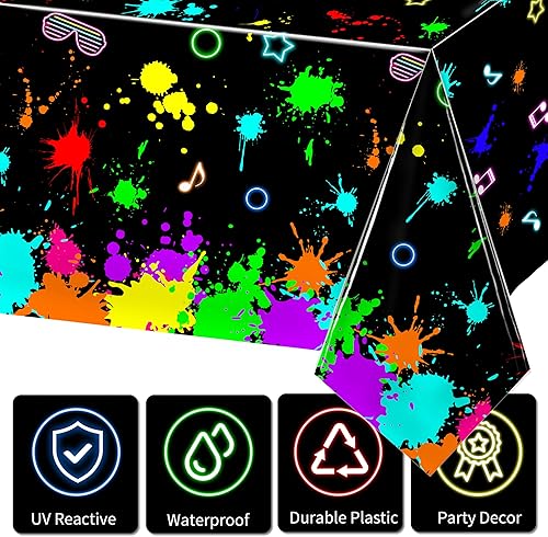 Miniatura 5 de Paquete de 3 manteles de neón reactivos a los rayos UV de 108 x 54 pulgadas, cubiertas de mesa de fiesta activadas por rayos UV, decoración para