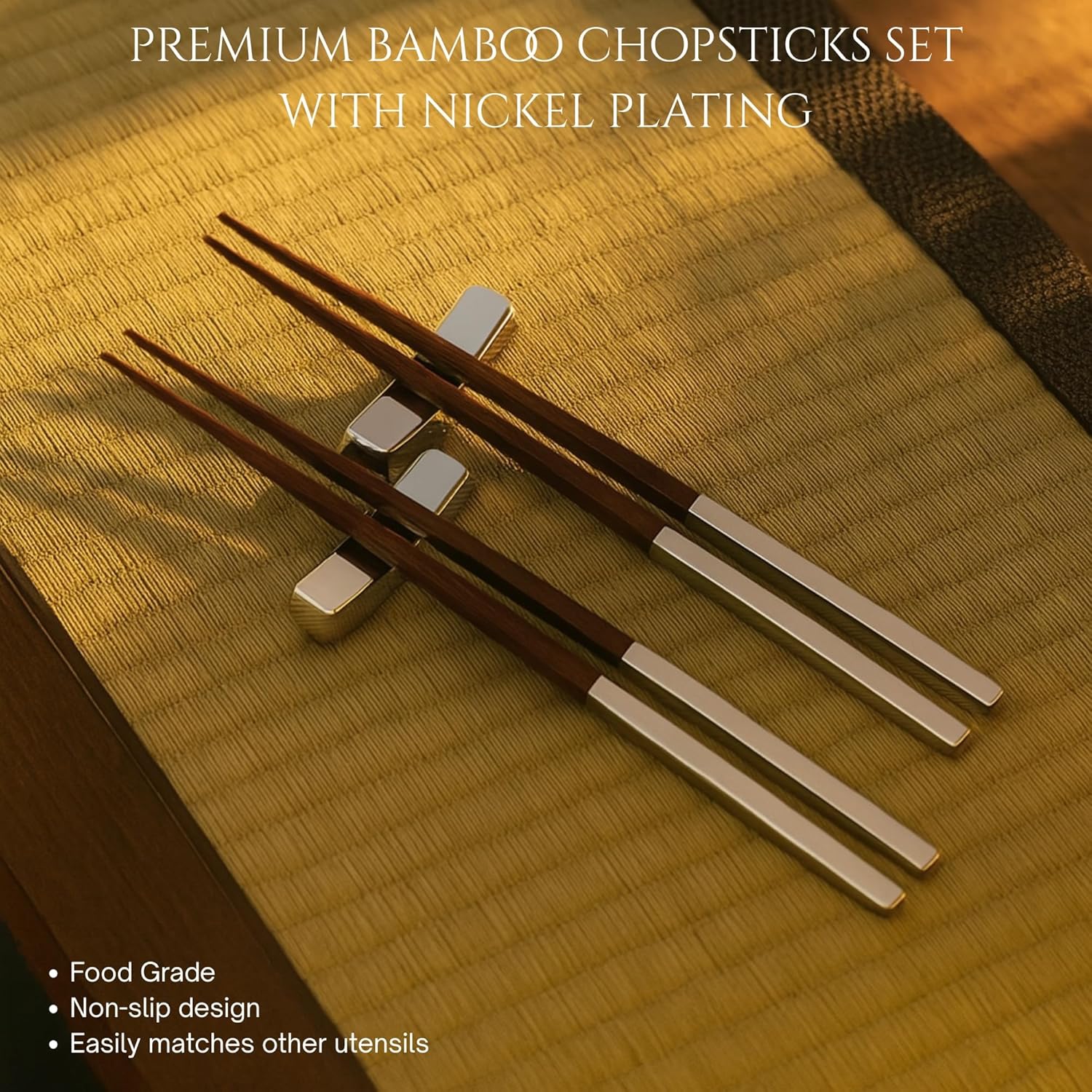 Bey-Berk Personalized Simon Chopstick Set with Rests (Set of 2), 9 Inch Bamboo Chopsticks with Engravable Silver Plated Handles and Matching Rests