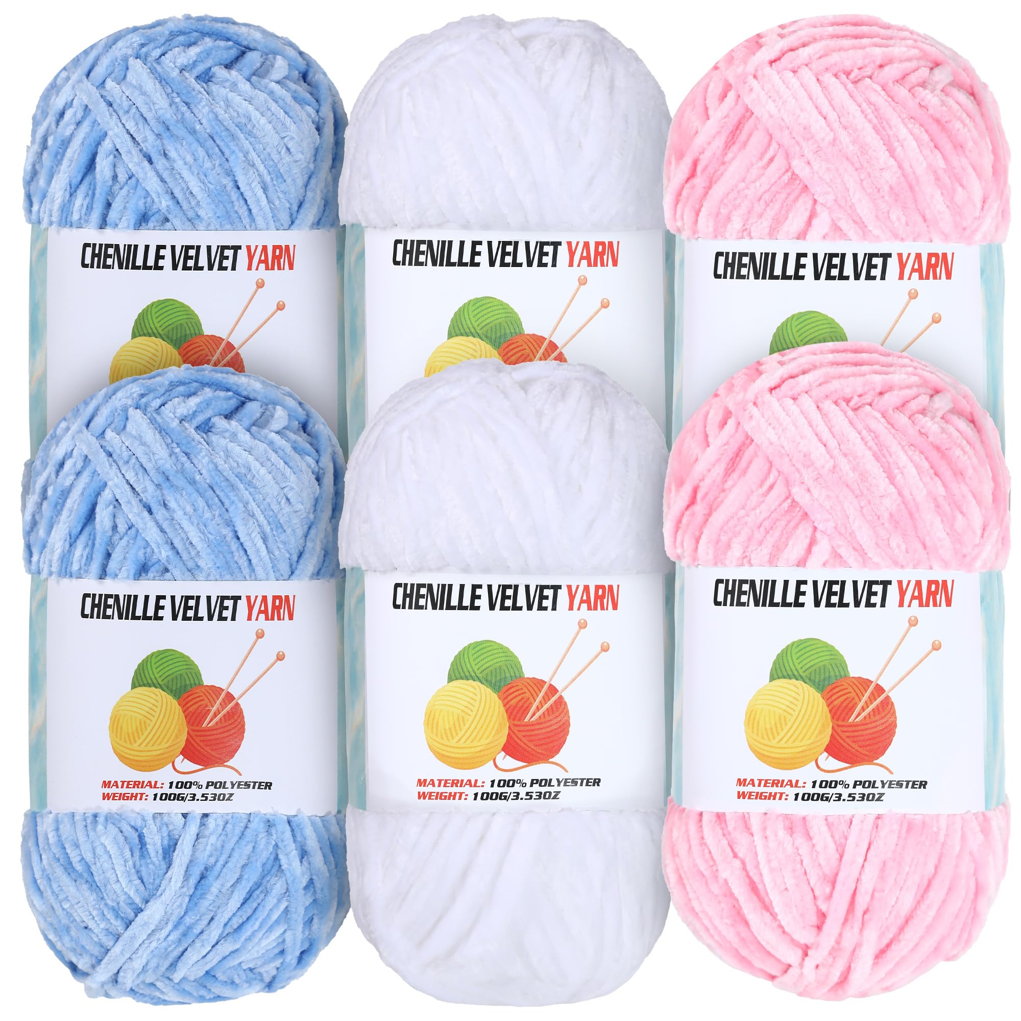 6 * 100g Velvet Chenille Chunky Yarn, Handcrafts Weaving Soft Chenille for Crocheting Clearance, Used for Making Baby Yarn Blanket, Clothes, Knitting Creations (A)