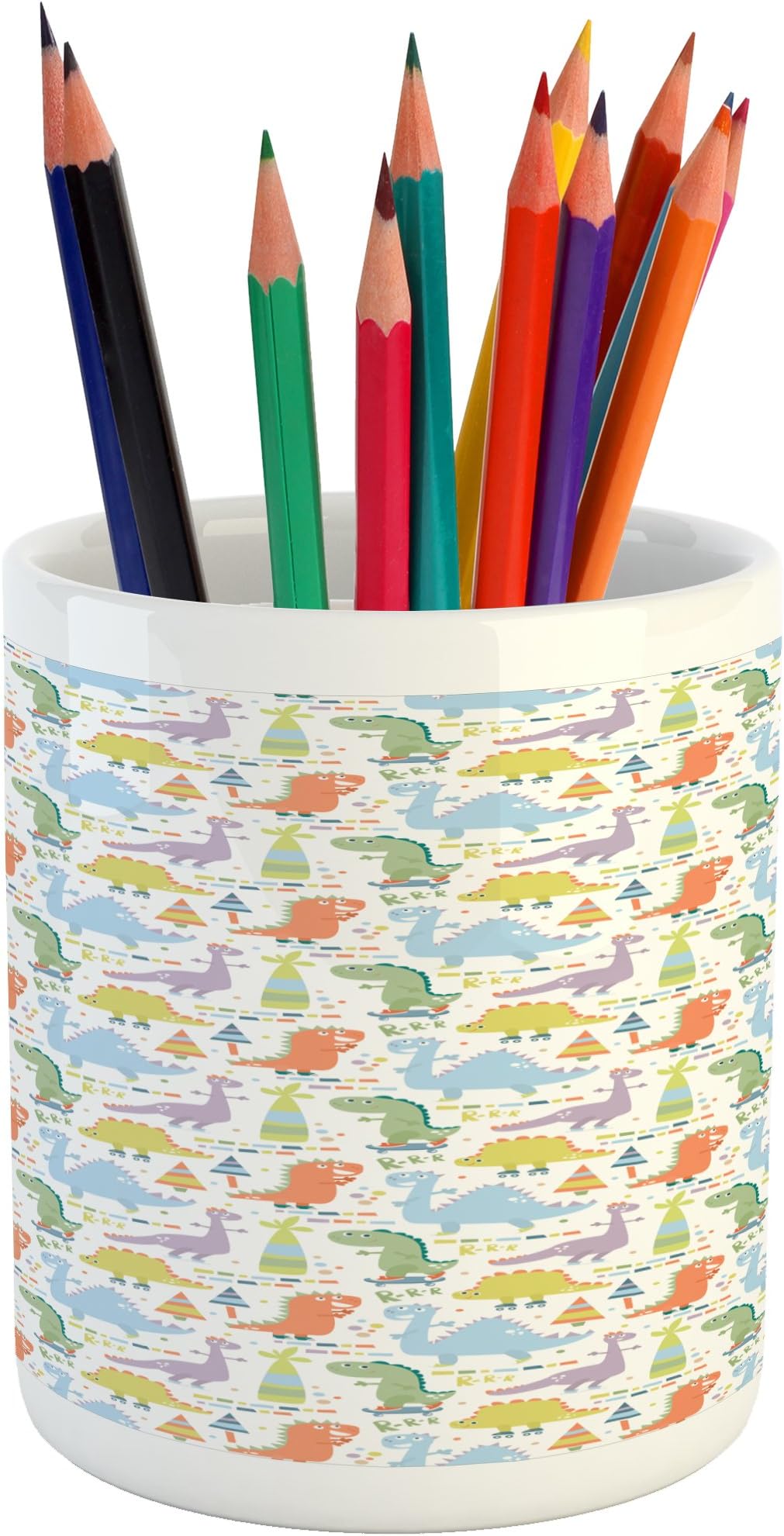Printawe Dinosaur Party Pencil Pen Holder, Playroom Background with Doodle Jurassic Forest Comic Mascots Fun Cartoon, Printed Ceramic Pencil Pen Holder for Desk Office Accessory, Multicolor