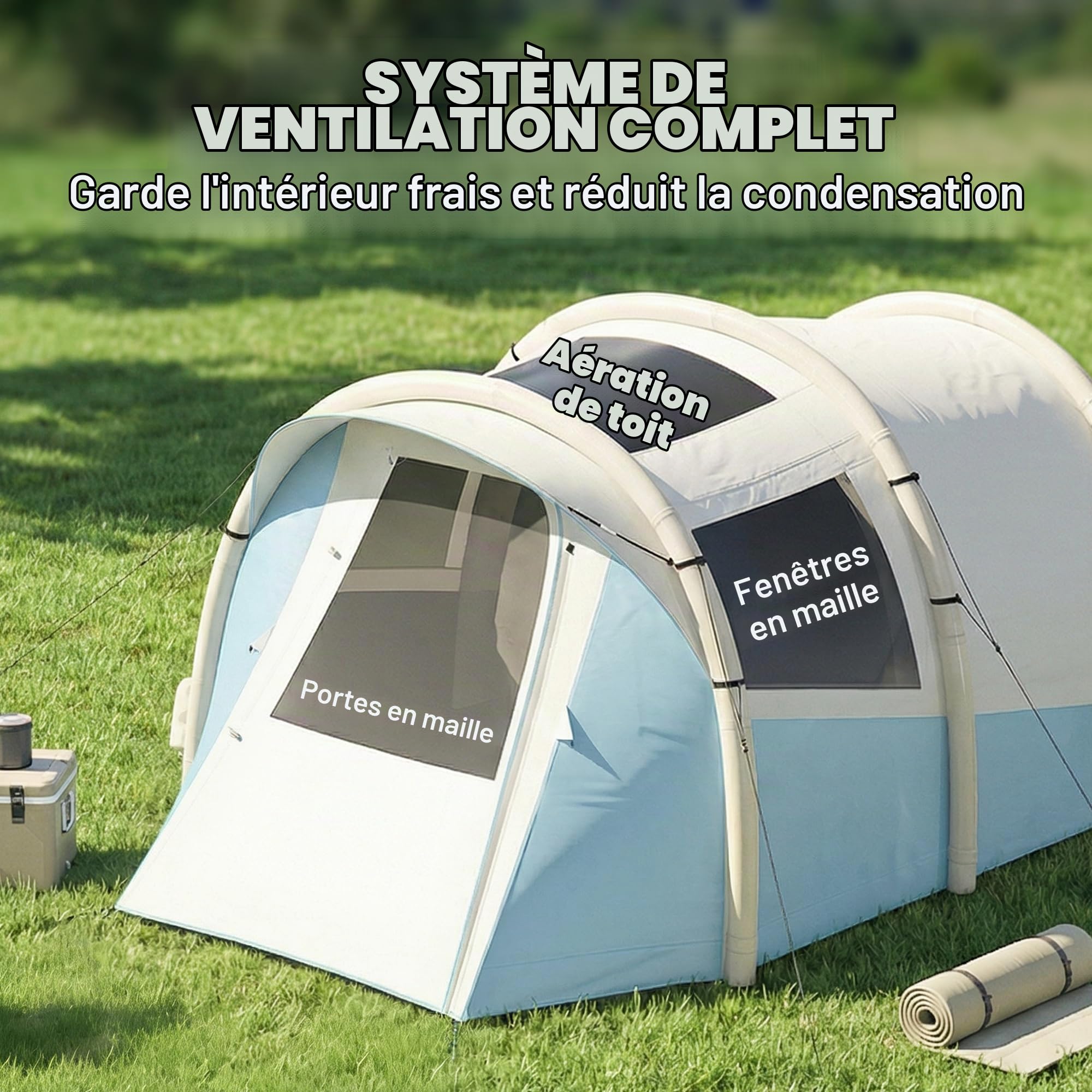Outsunny Tente de camping gonflable avec pompe à air, installation facile pour 2 à 3 personnes, 3 000 mm, étanche avec 2 pièces, fenêtres, portes et sac de transport