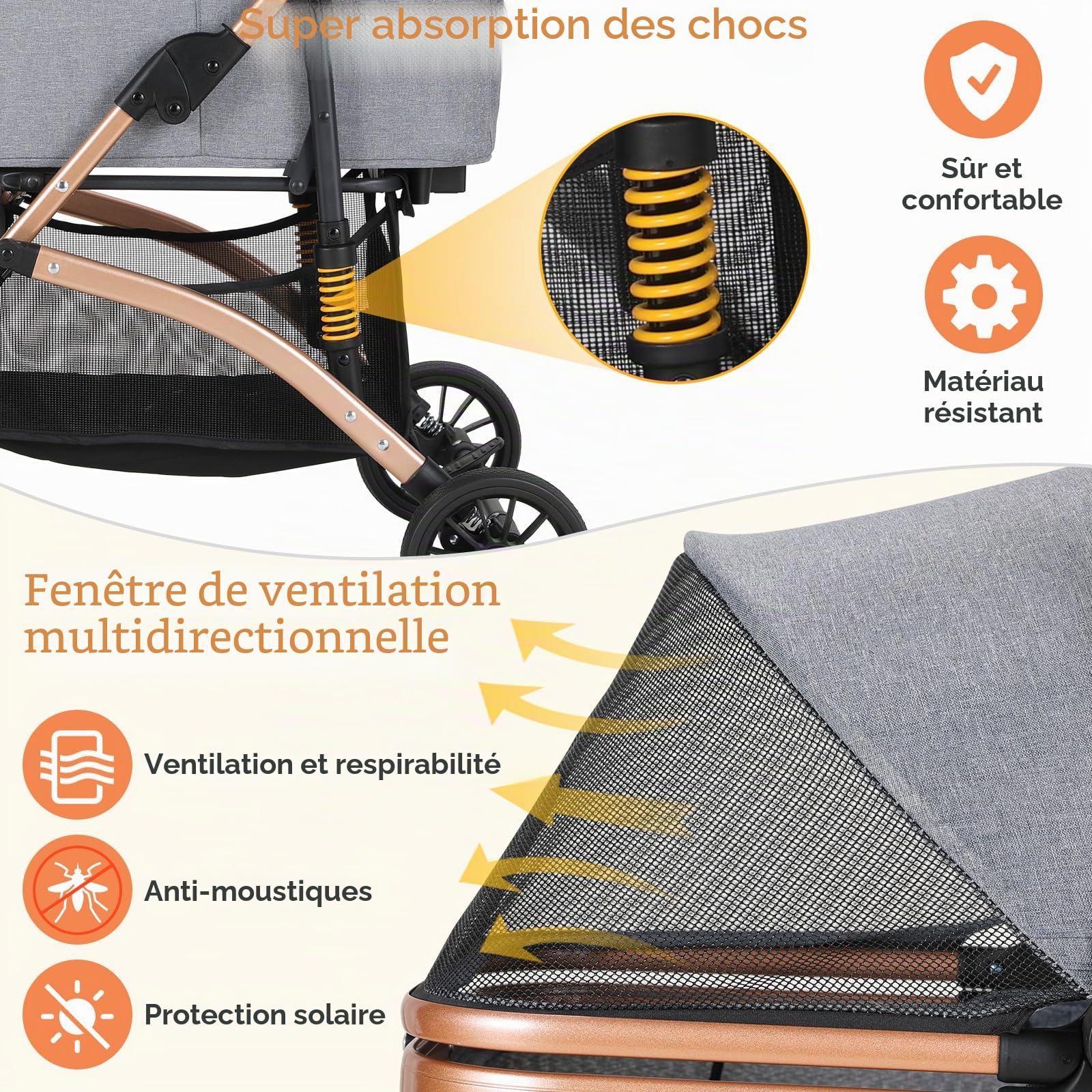 MAMIZO Poussette Chien 3-en-1, Poussette pour Chat Pliable, Panier de Rangement, Fenêtre en Filet, pour Petits Chiens et Chats, Jusqu'à 20 kg, 4 PCS Roues Résistant à l'Usure à 360°, Gris Foncé